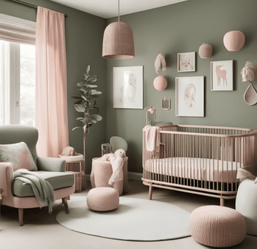 sage green nursery with pink accents 
