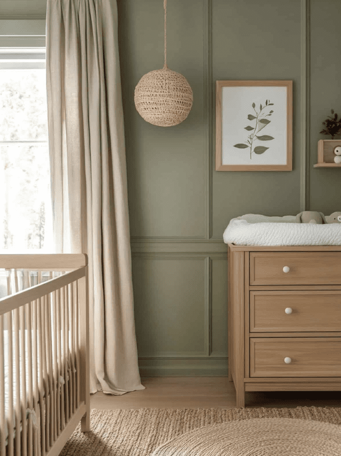 sage green nursery with natural accents 